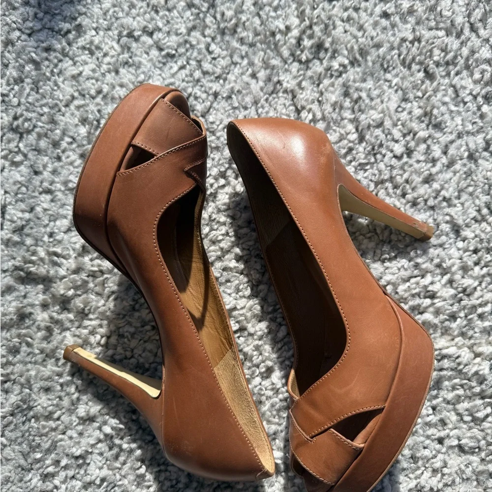 Brown Platform Peep Toe Heels EU 38 Stiletto Pumps Cutout Leather